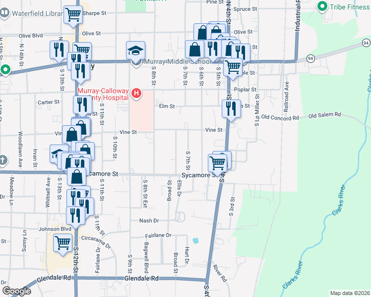 map of restaurants, bars, coffee shops, grocery stores, and more near 501-599 Broad St in Murray
