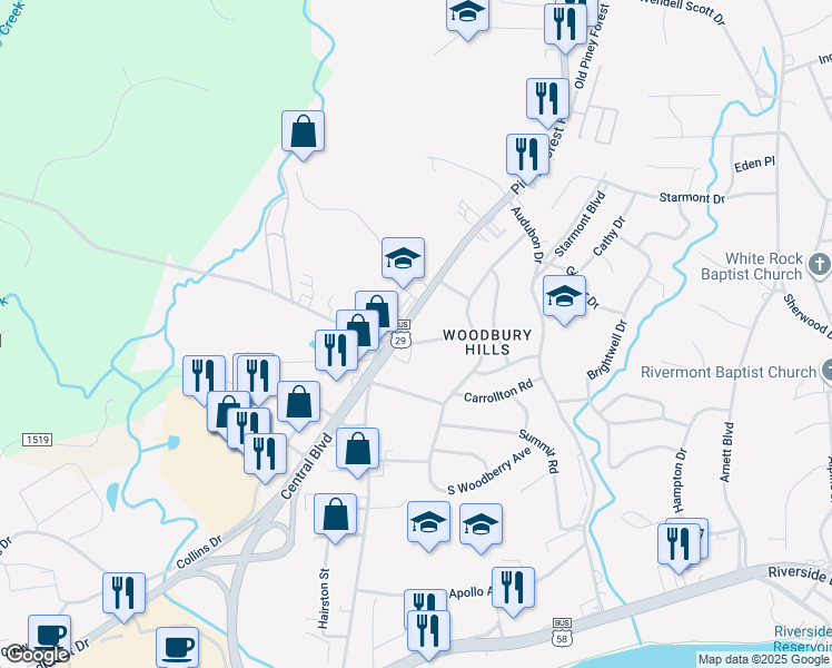 map of restaurants, bars, coffee shops, grocery stores, and more near 428 Piney Forest Road in Danville