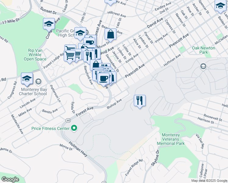 map of restaurants, bars, coffee shops, grocery stores, and more near 1213 a Forest Avenue in Pacific Grove