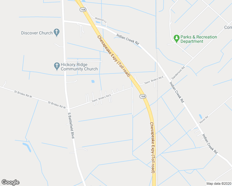 map of restaurants, bars, coffee shops, grocery stores, and more near Saint Brides Road East in Chesapeake