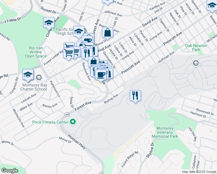 map of restaurants, bars, coffee shops, grocery stores, and more near 1213 a Forest Avenue in Pacific Grove
