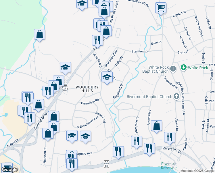 map of restaurants, bars, coffee shops, grocery stores, and more near 614 Audubon Drive in Danville
