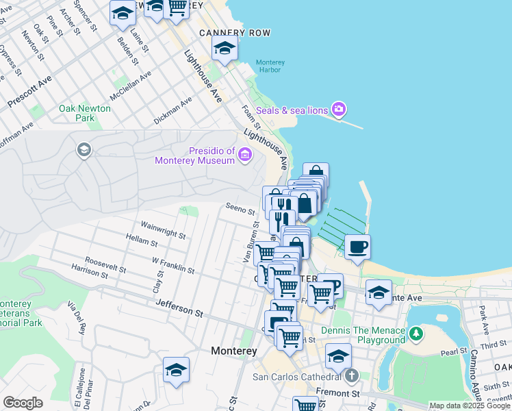 map of restaurants, bars, coffee shops, grocery stores, and more near 100 Seeno Street in Monterey