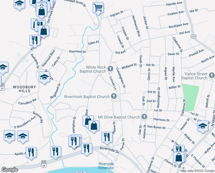 map of restaurants, bars, coffee shops, grocery stores, and more near 101-163 Sherwood Dr in Danville