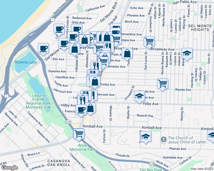map of restaurants, bars, coffee shops, grocery stores, and more near 956 Trinity Avenue in Seaside