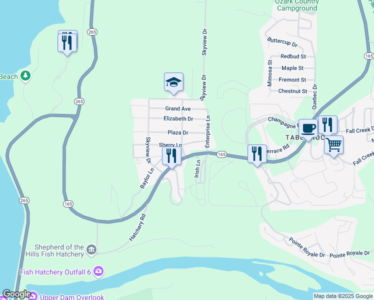 map of restaurants, bars, coffee shops, grocery stores, and more near Luster Drive in Branson