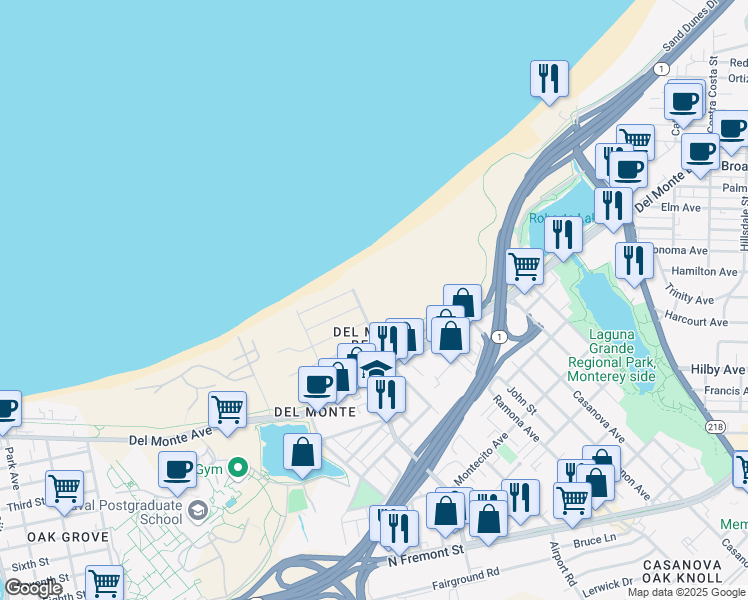 map of restaurants, bars, coffee shops, grocery stores, and more near 125 Surf Way in Monterey