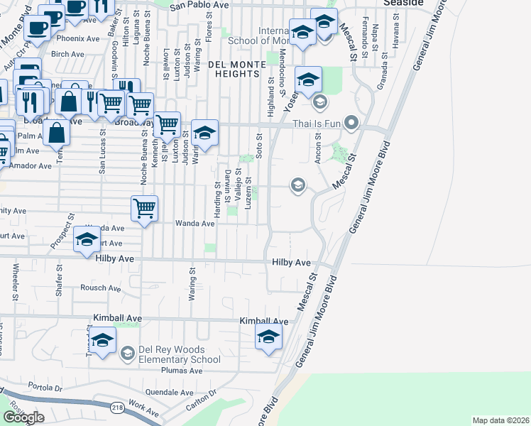 map of restaurants, bars, coffee shops, grocery stores, and more near 1311 Yosemite Street in Seaside