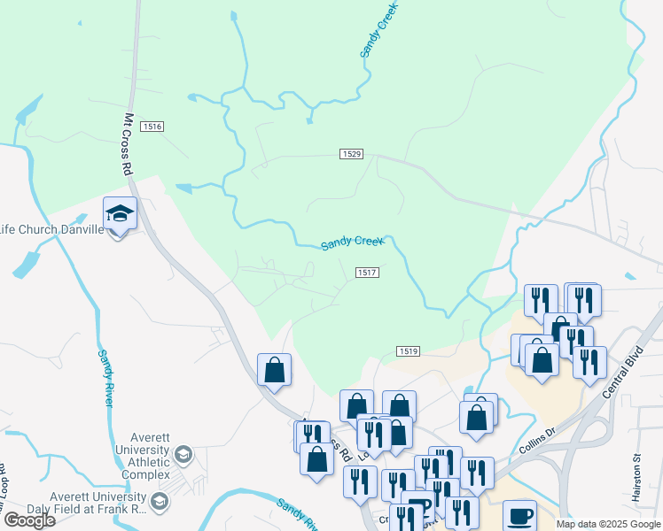 map of restaurants, bars, coffee shops, grocery stores, and more near 521 Parker Road West in Danville