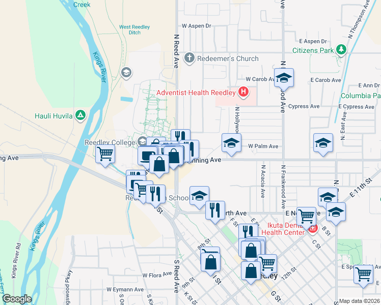 map of restaurants, bars, coffee shops, grocery stores, and more near 864 Manning Avenue in Reedley