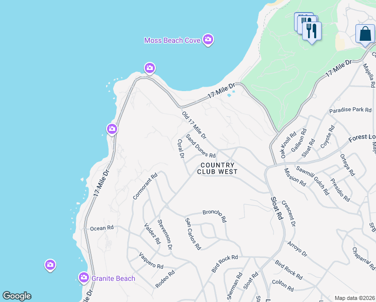 map of restaurants, bars, coffee shops, grocery stores, and more near 2959 Lake Road in Del Monte Forest