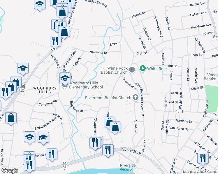map of restaurants, bars, coffee shops, grocery stores, and more near 114 Mulberry Road in Danville