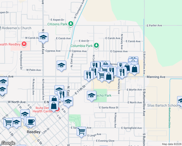 map of restaurants, bars, coffee shops, grocery stores, and more near 864 Manning Avenue in Reedley