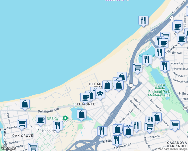 map of restaurants, bars, coffee shops, grocery stores, and more near 124 Surf Way in Monterey
