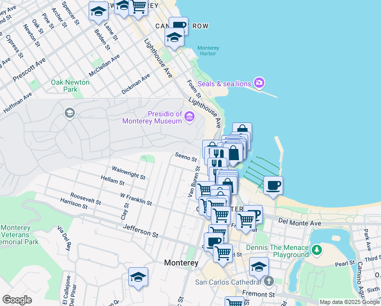 map of restaurants, bars, coffee shops, grocery stores, and more near 134 Seeno Street in Monterey