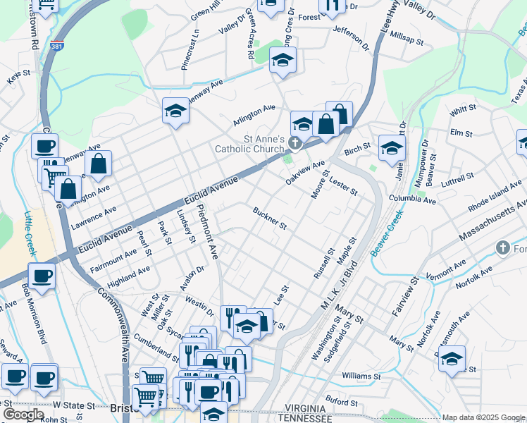 map of restaurants, bars, coffee shops, grocery stores, and more near 816 Oakview Avenue in Bristol