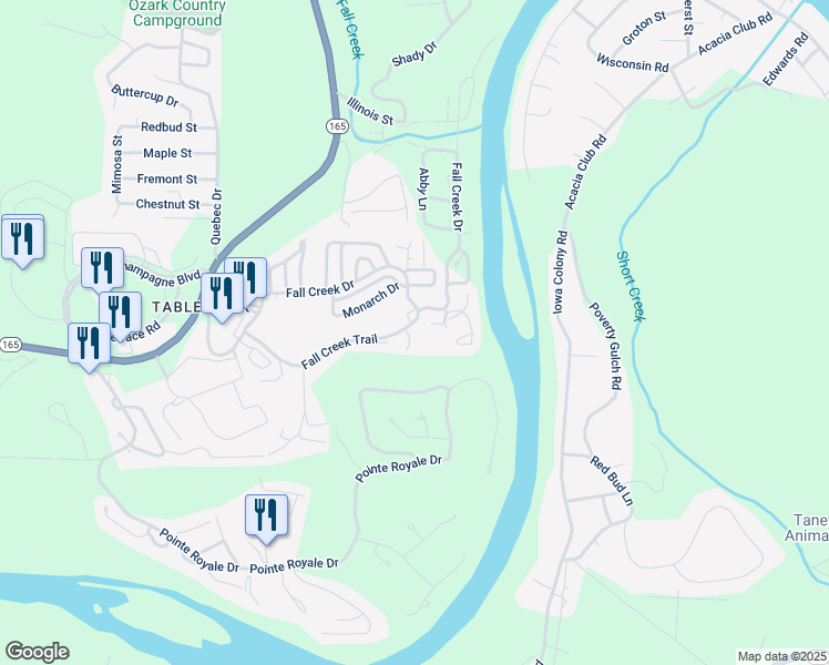 map of restaurants, bars, coffee shops, grocery stores, and more near 26 Fall Creek Trail in Branson