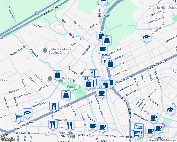 map of restaurants, bars, coffee shops, grocery stores, and more near 198 Crescent Drive in Bristol