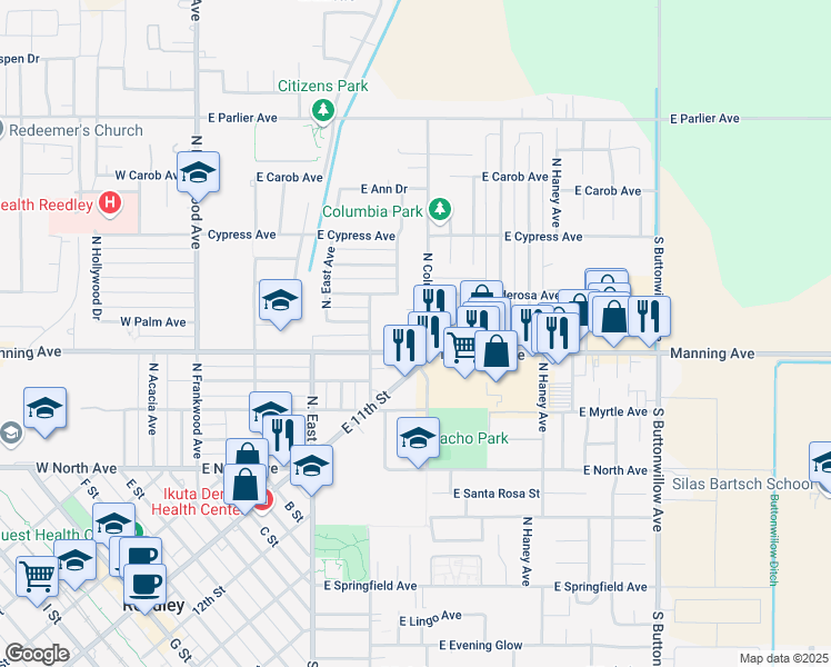 map of restaurants, bars, coffee shops, grocery stores, and more near 852 Manning Avenue in Reedley