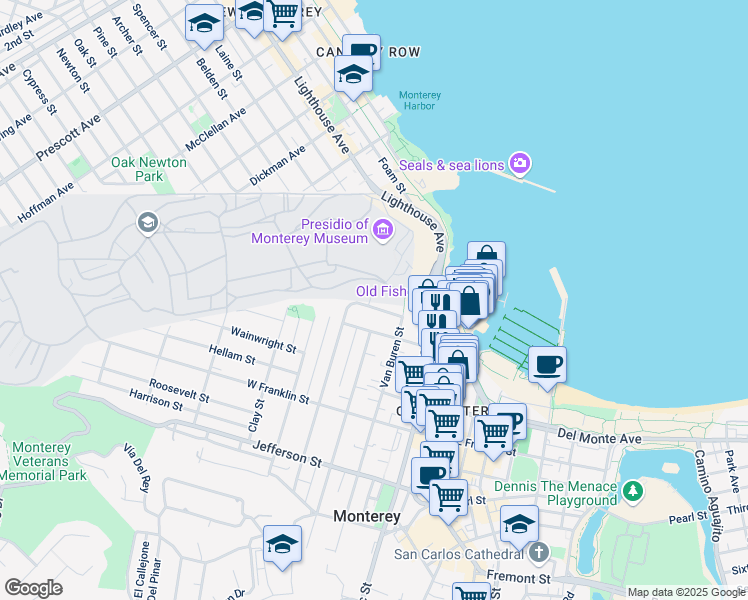 map of restaurants, bars, coffee shops, grocery stores, and more near 134 Seeno Street in Monterey