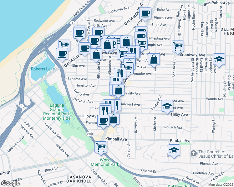 map of restaurants, bars, coffee shops, grocery stores, and more near 775 Trinity Avenue in Seaside