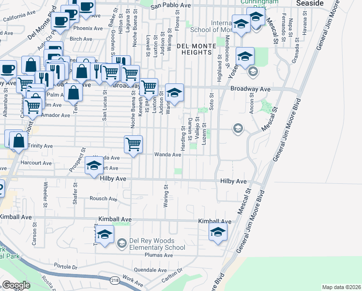 map of restaurants, bars, coffee shops, grocery stores, and more near 1289 Darwin Street in Seaside