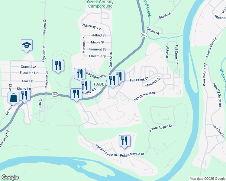 map of restaurants, bars, coffee shops, grocery stores, and more near 100 Fall Creek Drive in Branson
