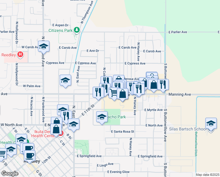 map of restaurants, bars, coffee shops, grocery stores, and more near 980 Manning Avenue in Reedley