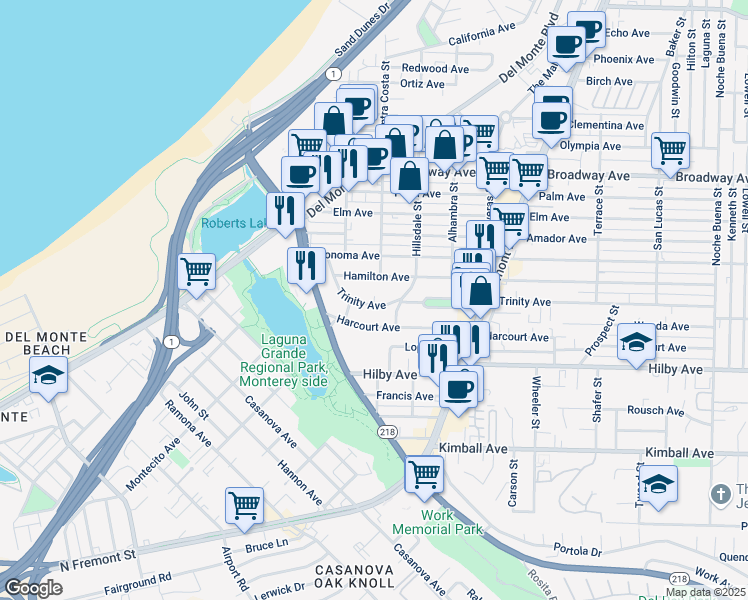 map of restaurants, bars, coffee shops, grocery stores, and more near 550 Trinity Avenue in Seaside
