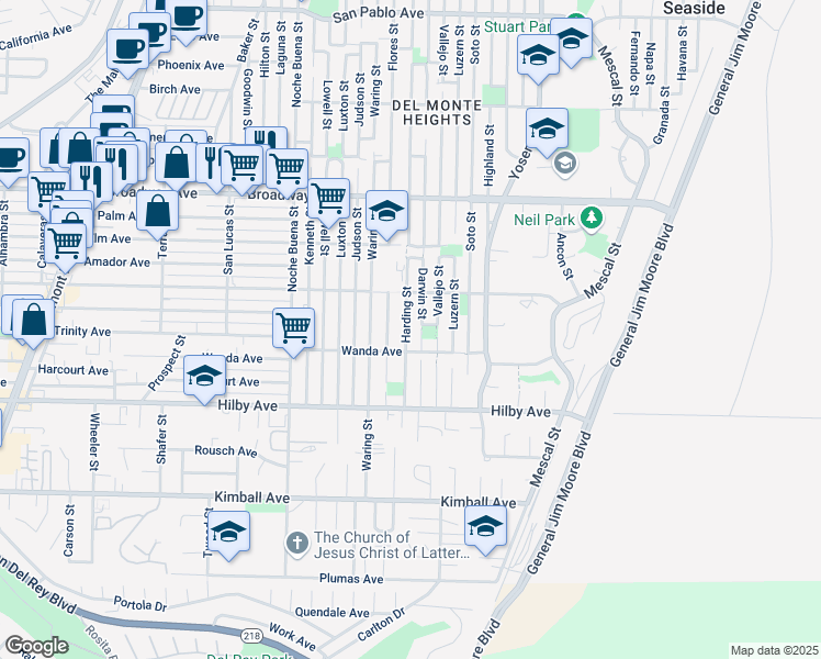 map of restaurants, bars, coffee shops, grocery stores, and more near 1318 Harding Street in Seaside