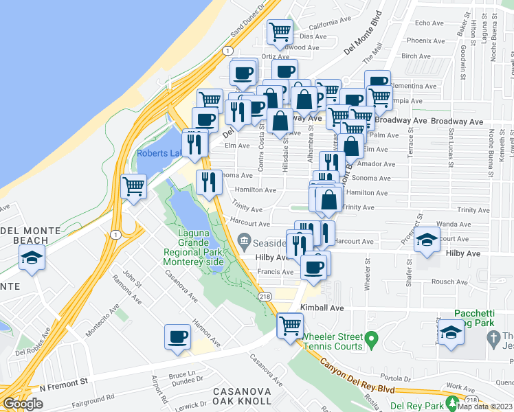 map of restaurants, bars, coffee shops, grocery stores, and more near 555 Trinity Avenue in Seaside