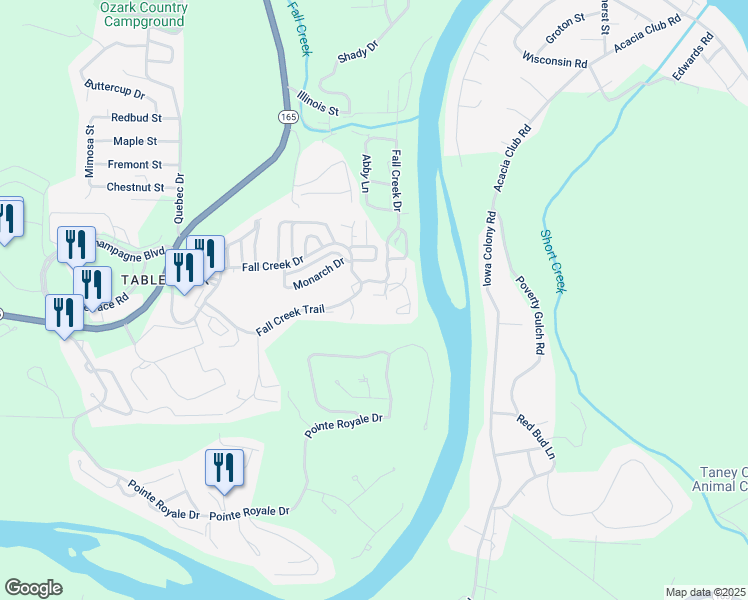 map of restaurants, bars, coffee shops, grocery stores, and more near 26 Fall Creek Trail in Branson