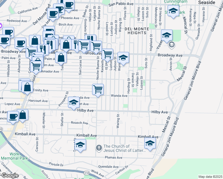map of restaurants, bars, coffee shops, grocery stores, and more near 1312 Luxton Street in Seaside
