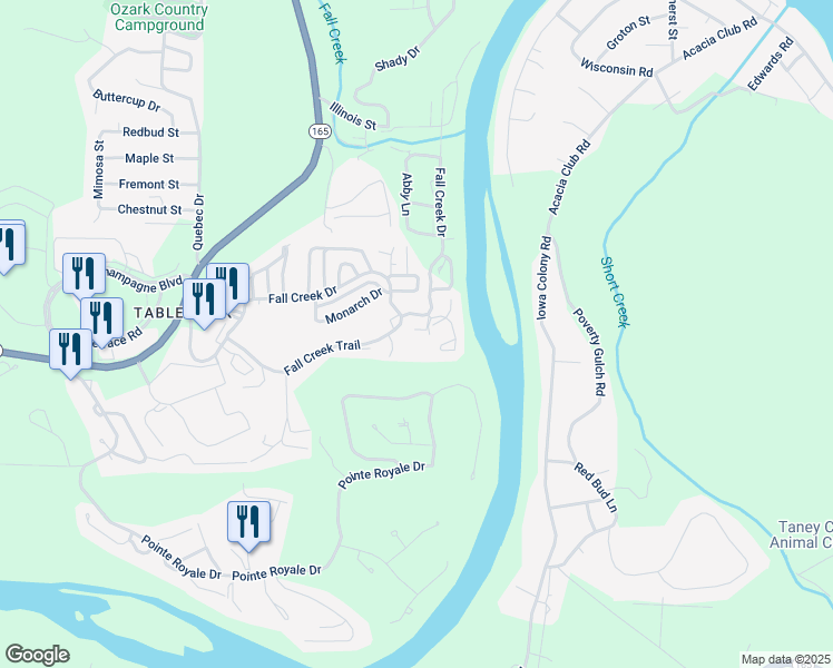 map of restaurants, bars, coffee shops, grocery stores, and more near 30 Fall Creek Drive in Branson