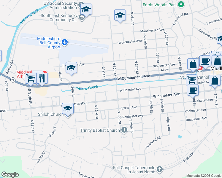 map of restaurants, bars, coffee shops, grocery stores, and more near 310 South Petersborough Avenue in Middlesboro