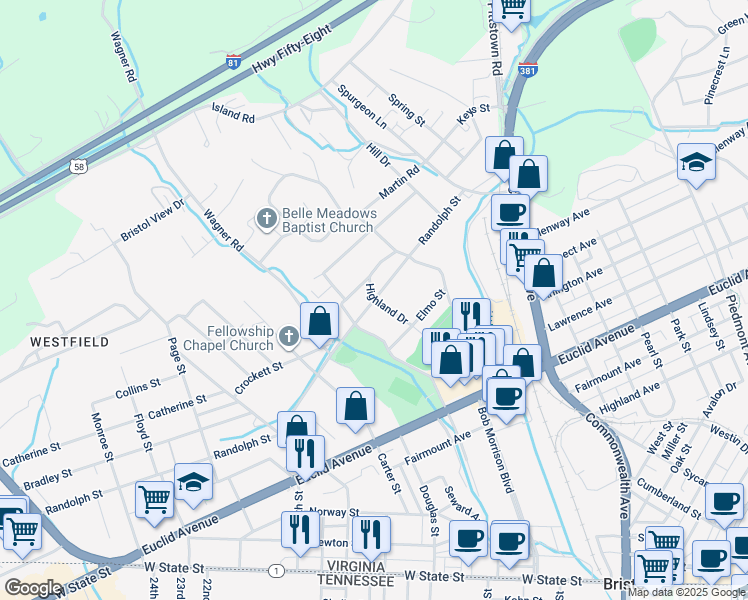 map of restaurants, bars, coffee shops, grocery stores, and more near 401 Randolph Street in Bristol