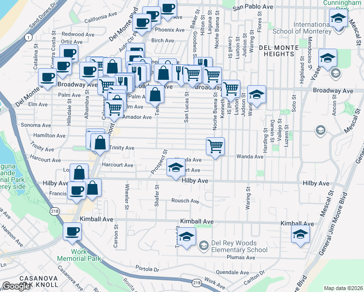 map of restaurants, bars, coffee shops, grocery stores, and more near 1195 Trinity Avenue in Seaside