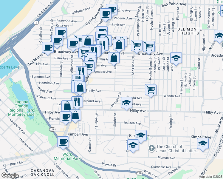 map of restaurants, bars, coffee shops, grocery stores, and more near 1080 Trinity Avenue in Seaside