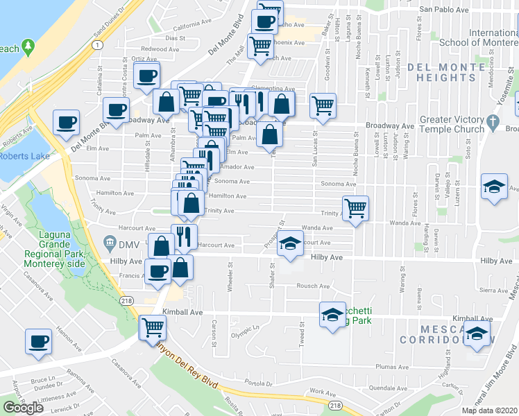 map of restaurants, bars, coffee shops, grocery stores, and more near 1080 Trinity Avenue in Seaside