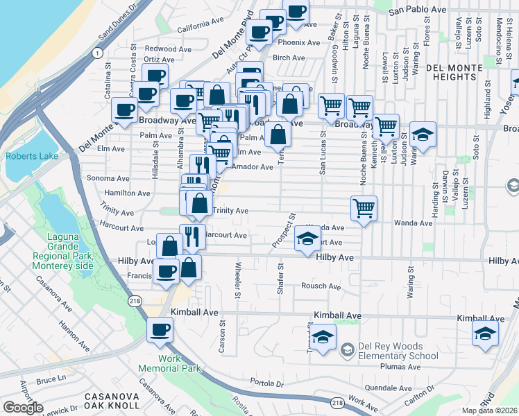 map of restaurants, bars, coffee shops, grocery stores, and more near 1080 Trinity Avenue in Seaside