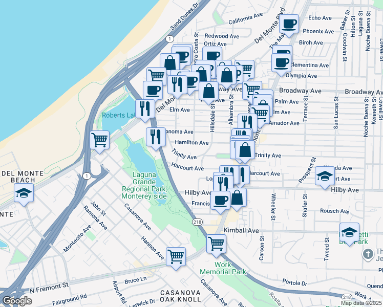 map of restaurants, bars, coffee shops, grocery stores, and more near 550 Trinity Avenue in Seaside