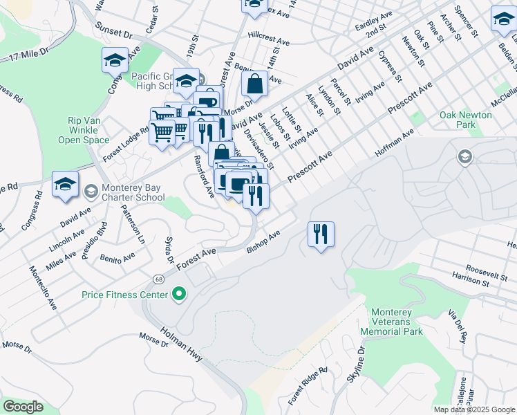 map of restaurants, bars, coffee shops, grocery stores, and more near 1213 a Forest Avenue in Pacific Grove