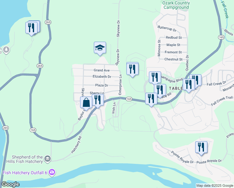 map of restaurants, bars, coffee shops, grocery stores, and more near 2456 Missouri 165 in Branson