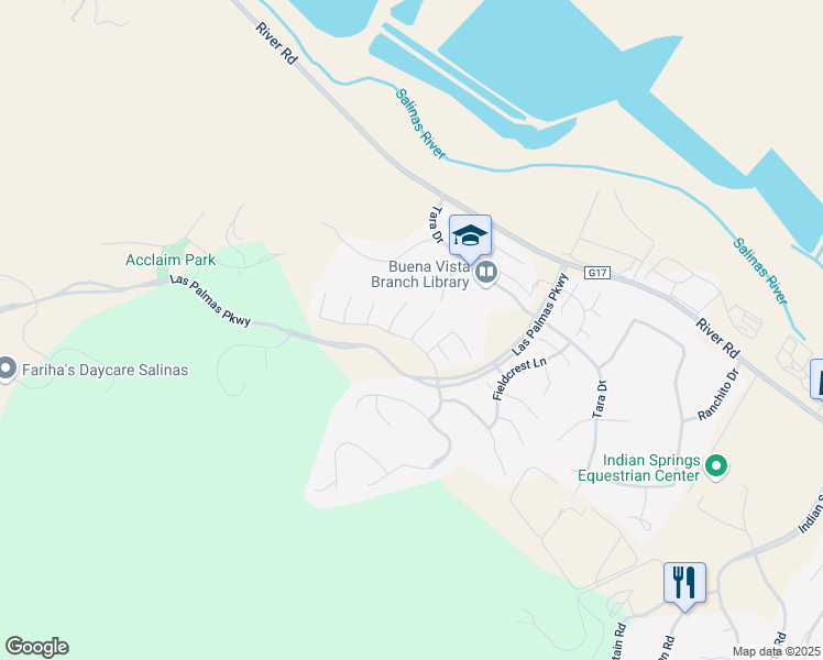 map of restaurants, bars, coffee shops, grocery stores, and more near 25234 Azalea Court in Salinas