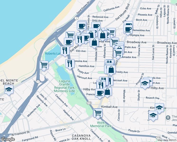 map of restaurants, bars, coffee shops, grocery stores, and more near 550 Trinity Avenue in Seaside