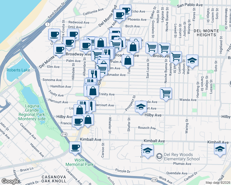 map of restaurants, bars, coffee shops, grocery stores, and more near 1020 Trinity Avenue in Seaside