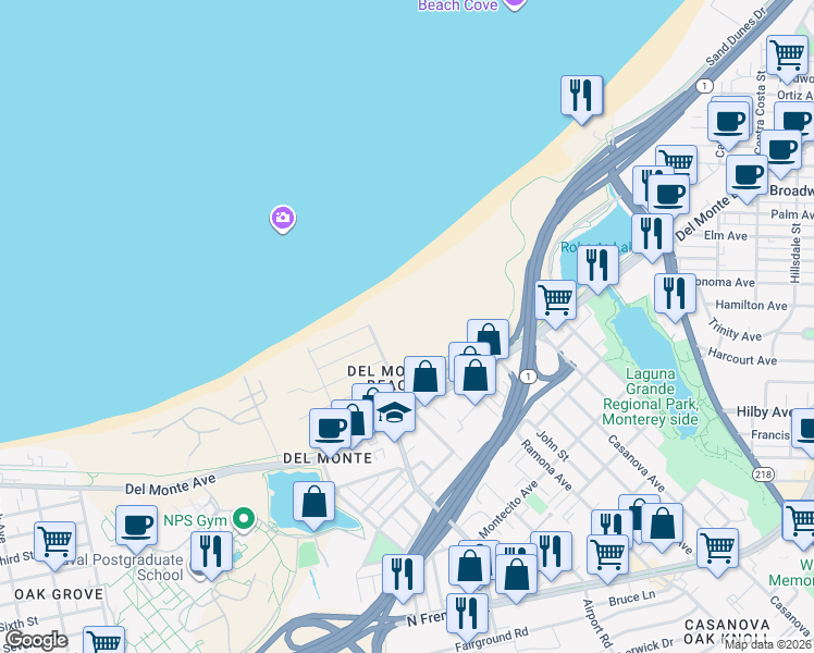 map of restaurants, bars, coffee shops, grocery stores, and more near 151 Surf Way in Monterey