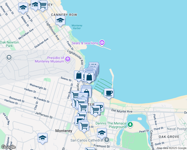 map of restaurants, bars, coffee shops, grocery stores, and more near 50 Old Fisherman’s Wharf in Monterey