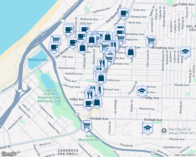 map of restaurants, bars, coffee shops, grocery stores, and more near 775 Trinity Avenue in Seaside