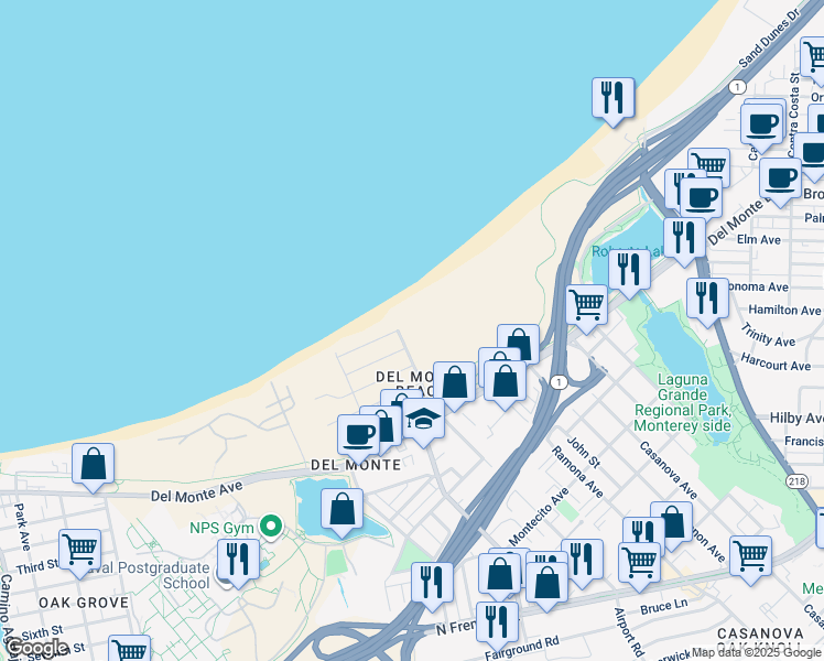 map of restaurants, bars, coffee shops, grocery stores, and more near 124 Surf Way in Monterey